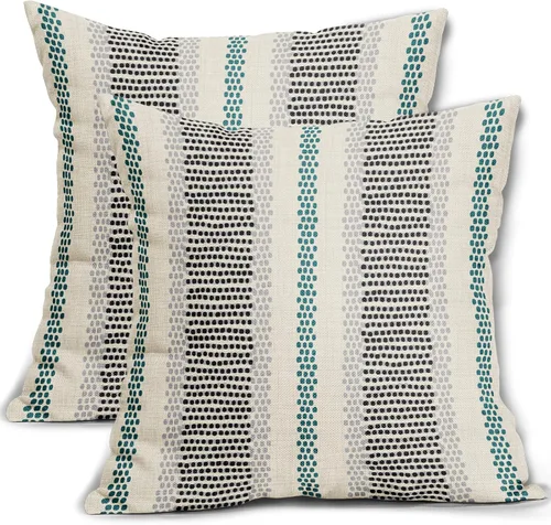 Vista 10 de Juego de 2 fundas de almohada negras y azules con rayas de puntos grises, decorativas para exteriores, estilo boho rústico, para sofá, cama, cojín