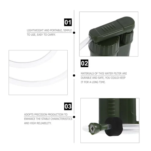 Vista 6 de BESPORTBLE Filtro de agua portátil para acampar y senderismo, ligero, purificador de agua verde militar, elimina sedimentos e impurezas