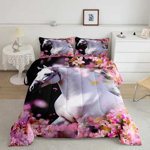 Vista 11 de Erosebridal Juego de edredón de cerdo rosa para niñas, decoración de habitación Kawaii, tamaño individual, relleno de edredón de hojas florales