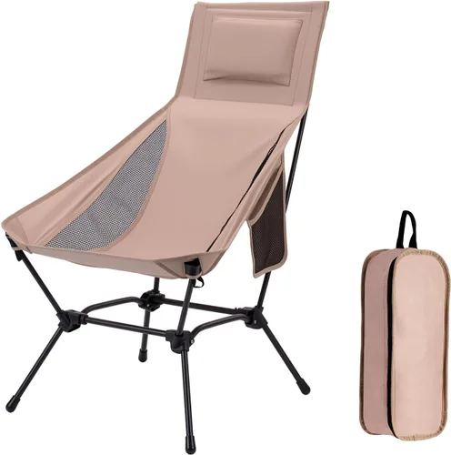 Vista 9 de Silla de camping plegable de respaldo alto con almohada, silla portátil ligera para adultos, ajuste de altura 2 en 1, reclinación profunda