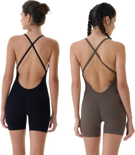 Vista 2 de AUROLA Mameluco con tirantes para mujeres, para entrenamiento, yoga, gimnasio, sin costuras, de una pieza, jumpsuit con control de abdomen