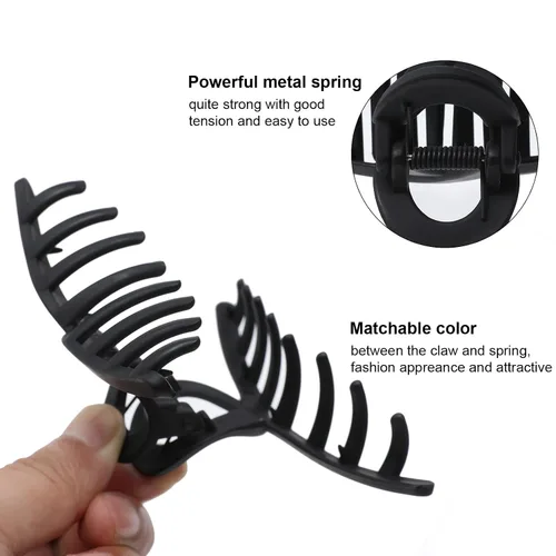 Vista 2 de 5 pinzas de pelo grandes para cabello grueso, pinzas de pelo grandes de plátano para mujeres, antideslizantes, de sujeción fuerte (negro mate)