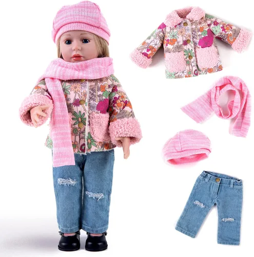 Vista 9 de Rakki Dolli American - Conjunto de ropa para muñeca de 18 pulgadas, set de moda de 5 piezas de abrigo rojo de invierno incluye abrigo cálido