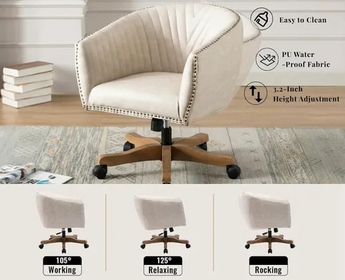 Vista 3 de Silla de escritorio de piel sintética beige, silla de escritorio tapizada giratoria con brazo ajustable con cabezas de clavos, cómoda silla