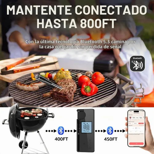 Vista 2 de Termómetro digital inalámbrico para carne con rango de 800 pies, termómetro Bluetooth 5.3 para alimentos con sonda de doble temperatura, pantalla