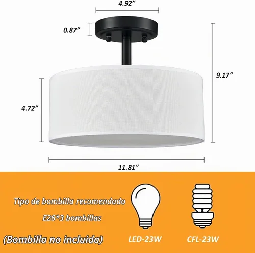 Vista 6 de Moderna lámpara de techo negra de montaje al ras, lámpara de techo tipo tambor de montaje al ras, 3 luces, lámpara de techo semiempotrada para Negro