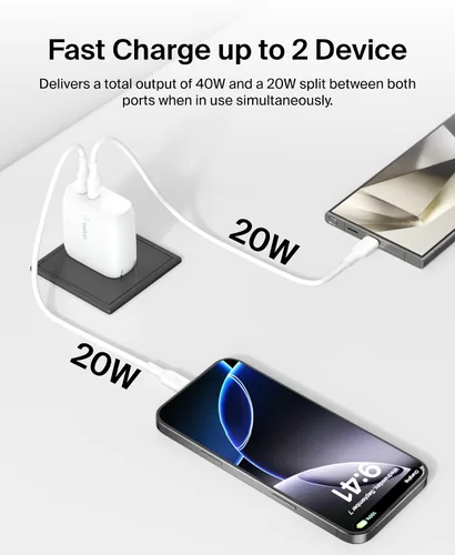 Vista 3 de Belkin Bloque de cargador de pared USB C de doble puerto de 40 W, carga rápida USB C para iPhone de Apple, iPad, teléfono Samsung Galaxy y más