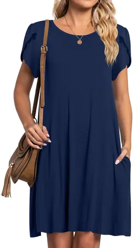 Vista 2 de HOTGIFT Vestido de manga corta para mujer, casual, cuello redondo, holgado, cómodo, con bolsillos