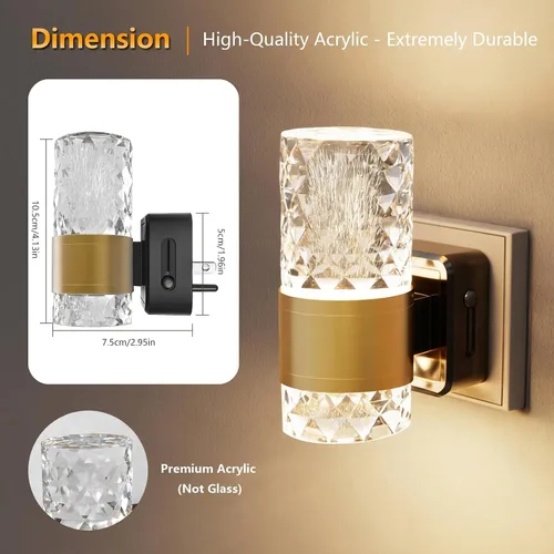 Vista 5 de Luces LED de noche de acrílico regulables, sensor de atardecer a amanecer, paquete de 2 Brillo ajustable de 0-100 lúmenes. Ambiente de oro cálido