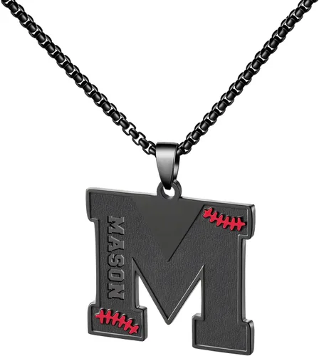 Vista 48 de Ldurian Collar personalizado con nombre de béisbol, cadena negra de acero inoxidable, collar con nombre deportivo, letra A-Z de 24 pulgadas, regalos