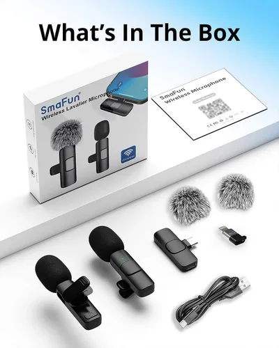 Vista 6 de Micrófono Lavalier inalámbrico para iPhone, Android, iPad, tabletas, mini micrófono Bluetooth con cancelación de ruido, transmisión de 65 pies