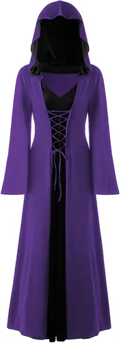 Vista 2 de Vestido renacentista con corsé de manga larga, capa con capucha, corsé con cordones, disfraz de Halloween