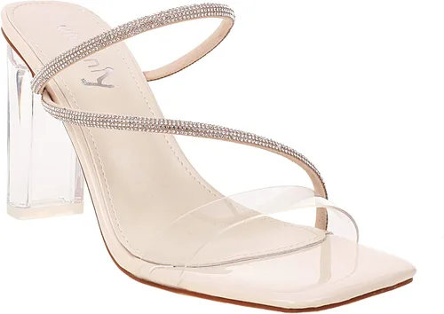 Vista 8 de vivianly Sandalias de tacón con tiras transparentes con diamantes de imitación para mujer, con puntera cuadrada, tacones altos, deslizantes, vestido
