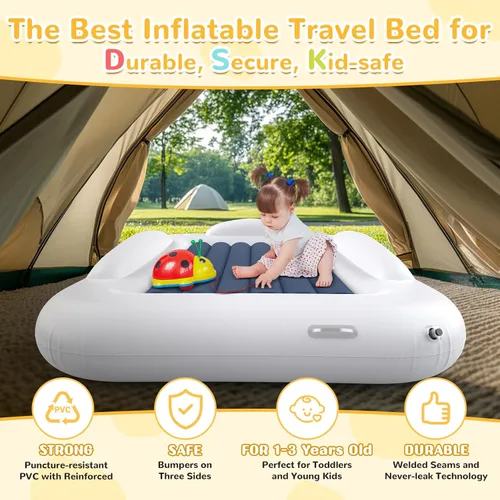 Vista 2 de Cama de viaje inflable para niños pequeños - Cama de viaje portátil para niños con lados de seguridad, juego completo de colchón de aire para niños