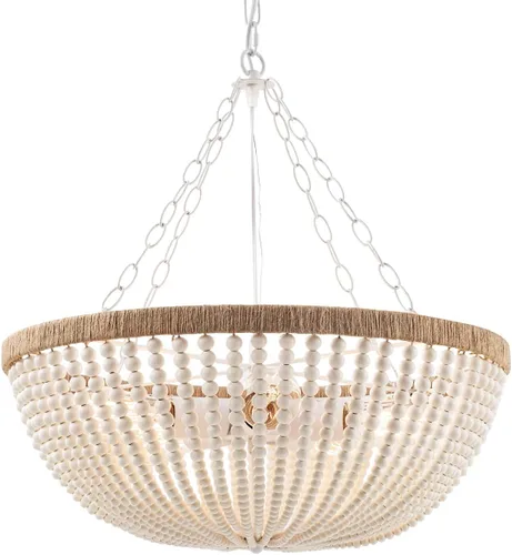 Vista 13 de candelabro rústico de 4 luces con cuentas de madera y borlas estilo Bohemia, luz colgante rústica antigua para dormitorio, isla de cocina, comedor