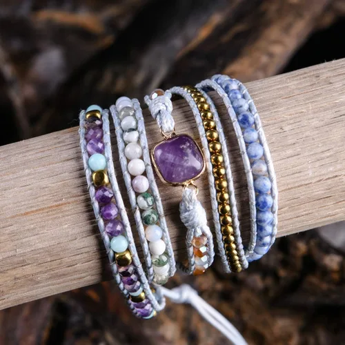 Vista 3 de YGLINE Pulsera de 5 envolturas de cera curativa con cuentas de piedra natural, Piedra