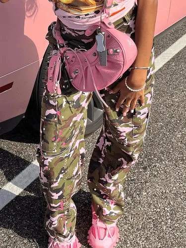 Vista 4 de Famnbro Camo Pants Women Mid Waist Straight Leg Baggy Camouflage Cargo Pants Streetwear Trousers