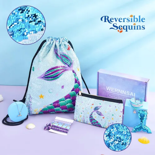 Vista 2 de WERNNSAI Paquete de cordón de sirena lentejuelas azules regalo de sirena para niñas mochila con cordón cosméticos para natación bolsa con cremallera