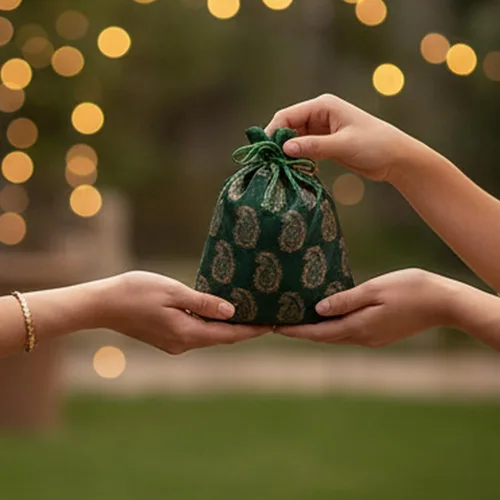 Vista 3 de Touchstone Preciosas bolsas de regalo reutilizables, respetuosas con el medio ambiente, brocado de cachemira con cordón grande para cumpleaños