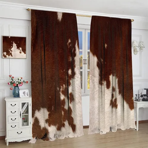 Vista 4 de Cortinas opacas de piel de vaca, cortinas de piel de animales de granja occidental, cortinas de vaca de granja, cortinas para niños, niñas
