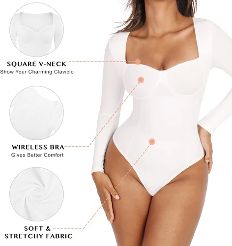 Vista 4 de Trajes de cuerpo para mujer, con control de abdomen, manga larga, cuello en V, color negro y blanco