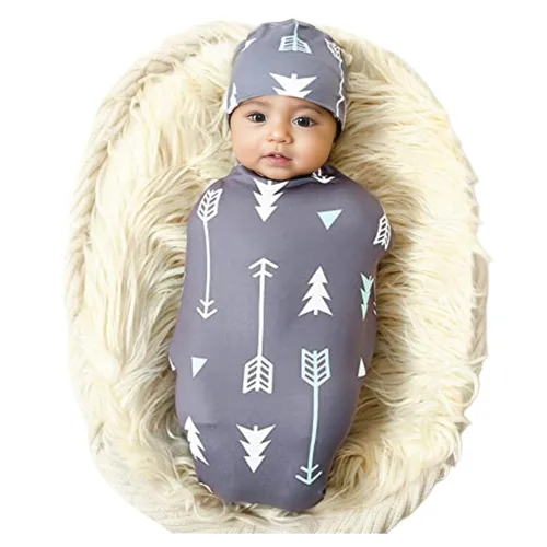 Vista 7 de Galabloomer Manta Envolvente para Recién Nacido con Conjunto de Gorro Bebé Niño Manta de Recepción Gris con Flechas