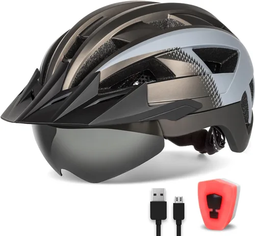 Vista 18 de Casco de bicicleta para adultos con visera y gafas para hombres y mujeres, casco de bicicleta de montaña y carretera, casco de ciclismo con luz
