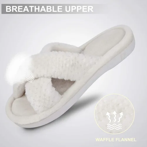 Vista 2 de DL Pantuflas de punta abierta con banda cruzada para mujer, pantuflas de espuma viscoelástica para el hogar con soporte de arco para interiores