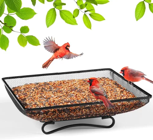 Vista 10 de MIXXIDEA Bandeja de comedero para pájaros de tierra, bandeja de malla de malla de metal para comederos de pájaros, gran decoración atractiva