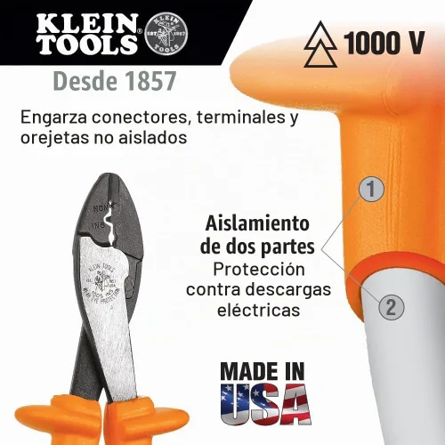 Vista 2 de Klein Tools Herramienta de corte / prensado aislada de 1005 INS para cable de 10 a 22 AWG con cortador de alambre en la nariz, clasificación de 1000