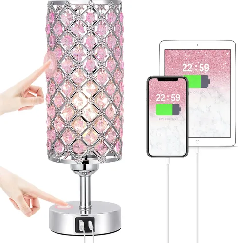 Vista 15 de Lámpara de mesa de cristal, lámpara dorada para dormitorio con puertos de carga USB-C y USB-A, luz regulable de 3 vías con pantalla de cristal