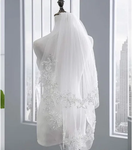 Vista 6 de Yovic 2 niveles novia velo de novia encaje blanco nupcial tul accesorios para el pelo corto cintura joyería para mujeres 52