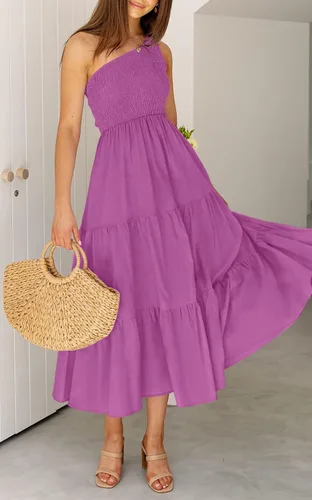 Vista 8 de ZCSIA - Vestido de verano bohemio para mujer, con un hombro descubierto, sin mangas, unicolor, largo debajo de la rodilla y con holanes escalonados