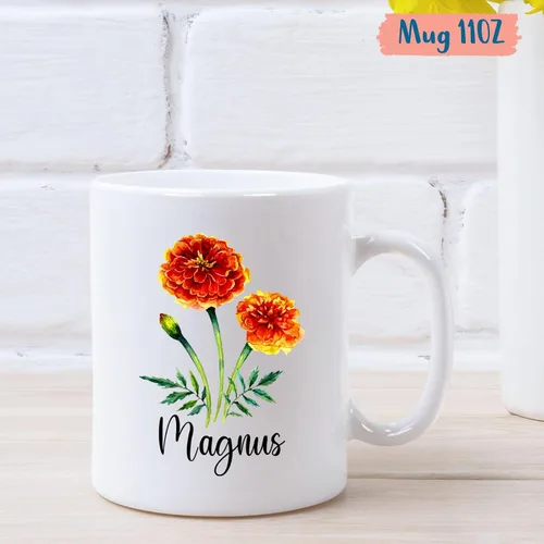 Vista 4 de Taza de cerámica de flor de caléndula personalizada, taza de café de flores con nombre personalizado, taza de café de flores lindas para amantes
