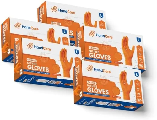 Vista 8 de HandCare - Guantes desechables de nitrilo naranja de 8 mil, sin látex, agarre texturizado de diamante para uso mecánico, trabajo y limpieza