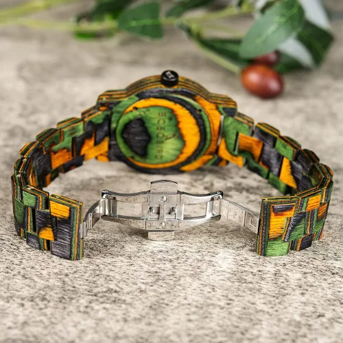 Vista 7 de BOBO BIRD Reloj de madera para hombre, reloj de pulsera analógico de cuarzo de moda, relojes de madera hechos a mano coloridos para hombres