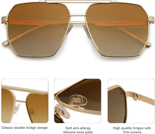 Vista 4 de SOJOS Gafas de sol polarizadas cuadradas de gran tamaño retro para mujeres y hombres, tonos vintage, UV400, lentes de sol clásicos grandes de metal