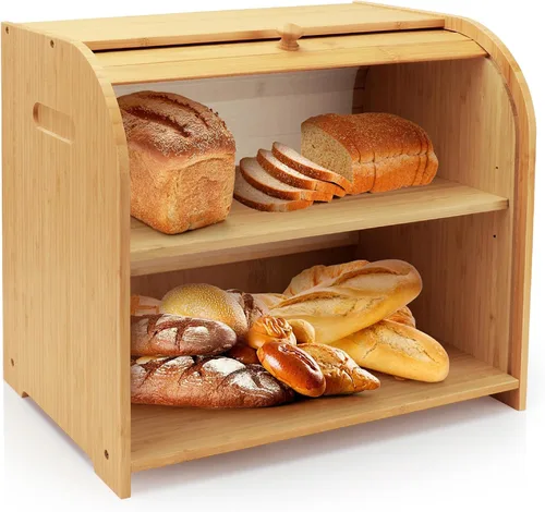 Vista 8 de Panera para Encimera de Cocina, Contenedor de Almacenamiento de Pan de Bambú de Doble Capa para Pan Casero, Panera con Tapa Enrollable con 3 Alturas