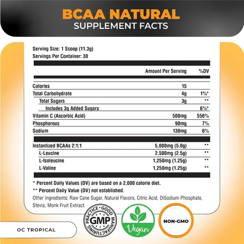 Vista 2 de Nutrology BCAA Natural - Polvo BCAA a base de plantas, sabor a coco naranja, relación optimizada 2:1:1 aminoácidos en polvo para antes