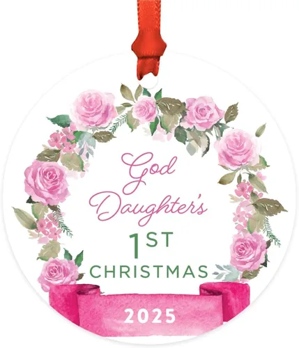 Vista 36 de Andaz Press Adorno de Navidad de madera grabado con láser para aniversario de boda, 1 año juntos, Navidad 2025, pancarta de flores rosas, 1 paquete