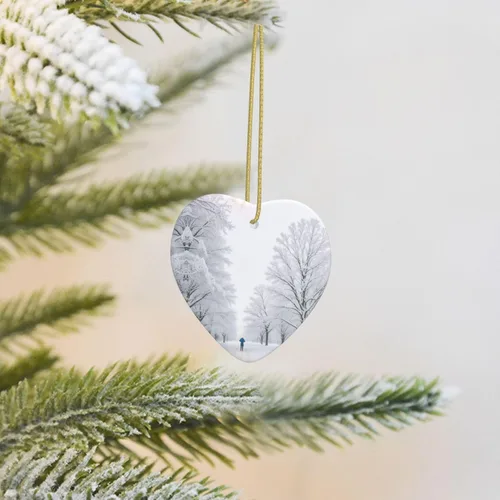 Vista 8 de Árboles en días nevados con estampado de árbol de Navidad colgante de cerámica en forma de corazón colgantes de árbol de Navidad reuniones