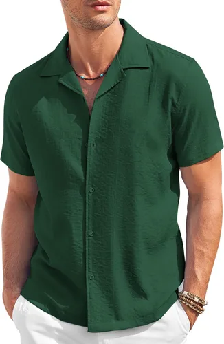 Vista 6 de COOFANDY Camisa casual con botones para hombre, manga corta, texturizada, para verano, para playa cubana