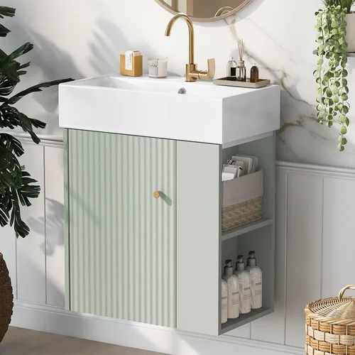 Vista 20 de Harper & Bright Designs Tocador de baño de 21.6" con lavabo, conjunto de tocador independiente de lavabo individual con gabinete de almacenamiento