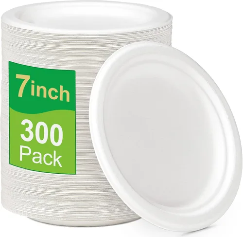 Vista 7 de Platos de papel pequeños, 7 pulgadas, paquete de 50 desechables, compostables, ecológicos, resistentes para comidas diarias, naturales