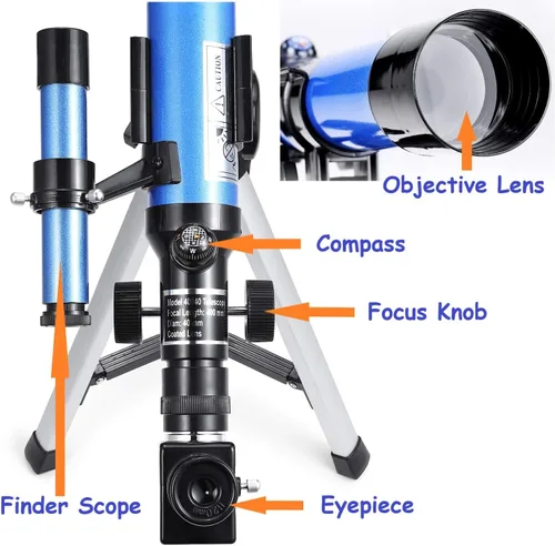 Vista 5 de Telescopio para niños 400x40mm con trípode y buscador de alcance, telescopio portátil para niños y principiantes, telescopio de viaje con 3 oculares