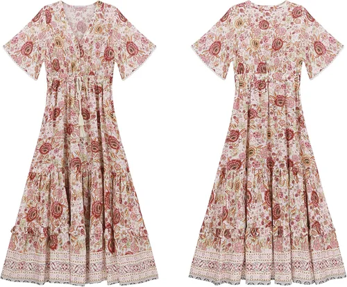 Vista 7 de R.Vivimos - Vestido por debajo de la rodilla para mujer, de manga corta, de algodón, con cuello en V, diseño floral y estilo informalbohemio