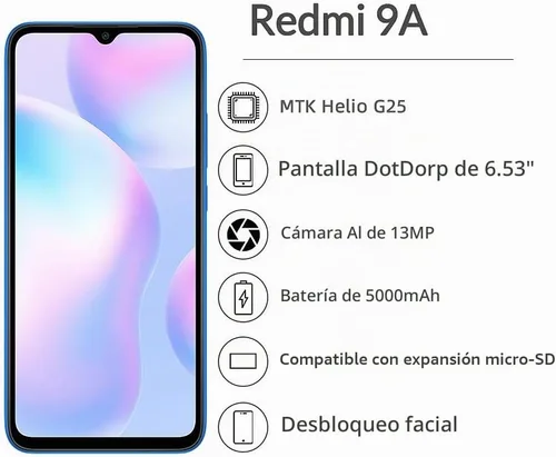 Vista 2 de Xiaomi Redmi 9A (64GB+4GB) 4G LTE Desbloqueado GSM 6.53" (Boost - Cricket - At&t) Dual Sim (azul cielo)