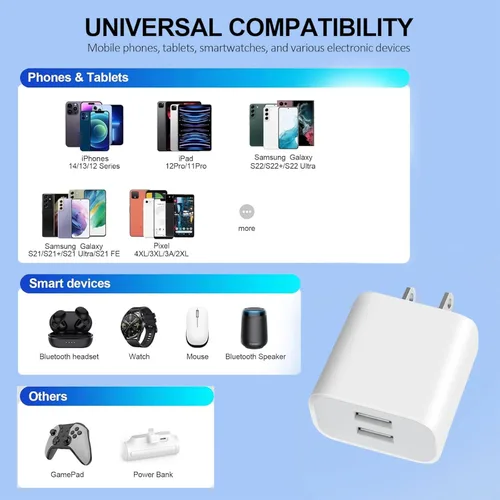 Vista 4 de Paquete de 3 cargadores de pared USB, adaptador de enchufe de doble puerto para bloque de carga de toma de pared, adaptador de corriente USB