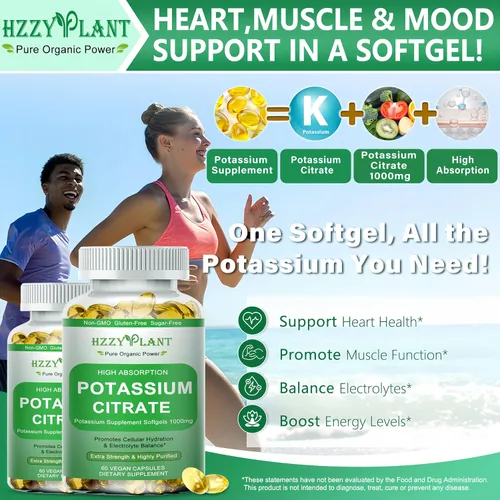 Vista 3 de Cápsulas blandas de suplemento de potasio, citrato de potasio de alta absorción, 1000 mg para equilibrio electrolítico muscular, corazón y soporte