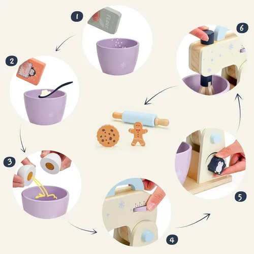 Vista 6 de PairPear Mezclador de juguete de madera para niños, mezclador de cocina con cuenco y accesorios para hornear, juguete de electrodomésticos de cocina